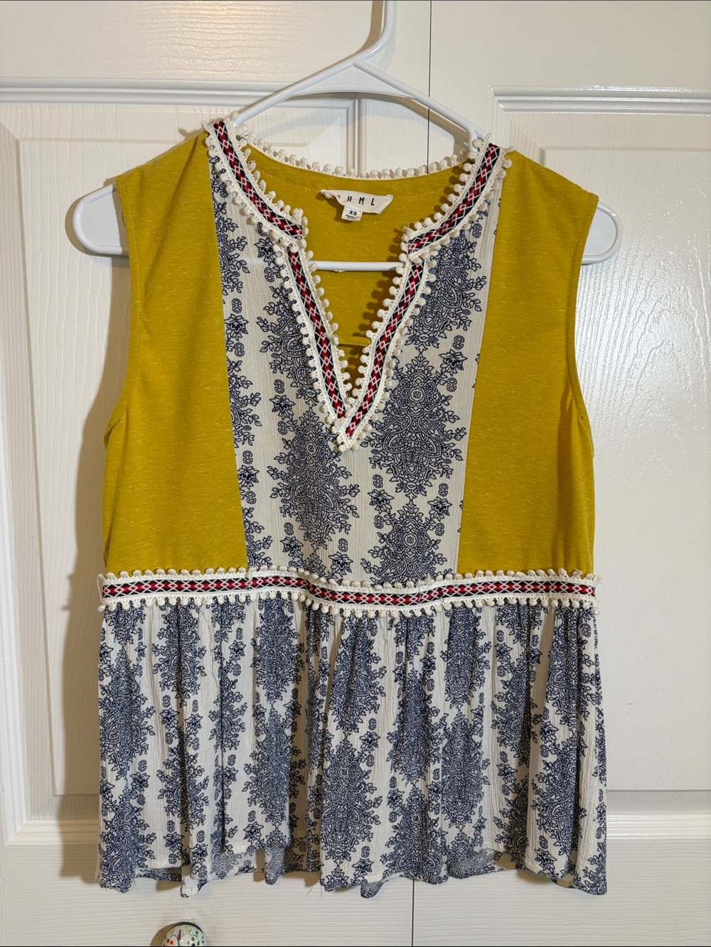 THML Mustard and Ivory Sleeveless Embroidered Peplum Top